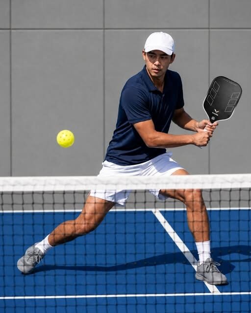 Pickleball player returning a shot at the net