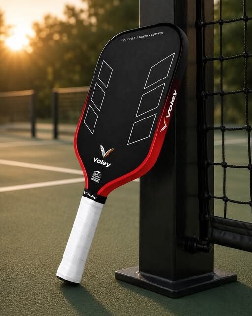 Voley pickleball paddle with a red edge leaning against a net post at sunset